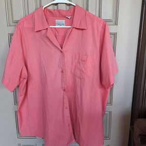 Basic Editions Shirt Peach Plus Sz22W Short Sleeves Pocket ButtonFront PolyBlend